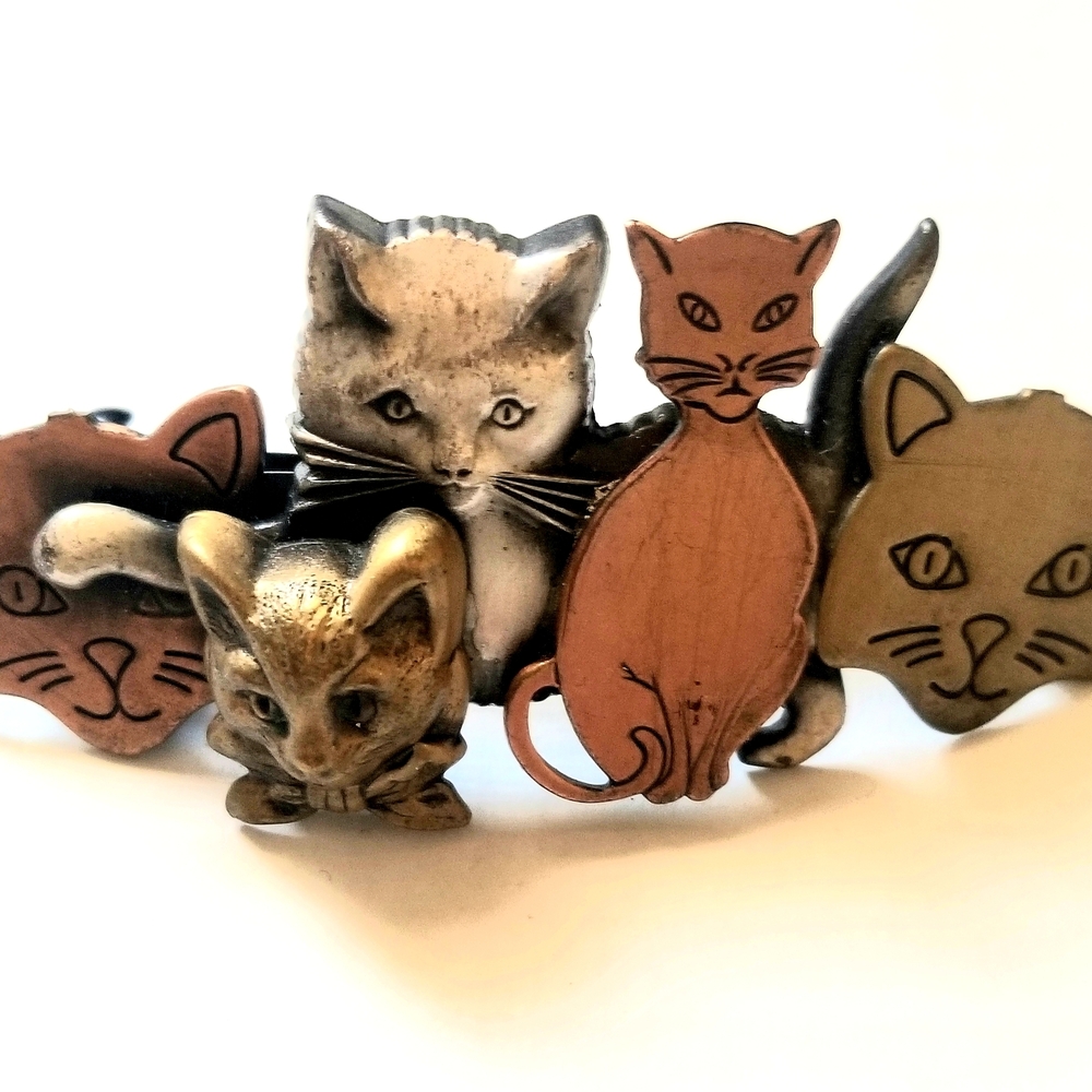Vintage 1990s Kitty Cats Mixed Metal Hair Clip Barrette France